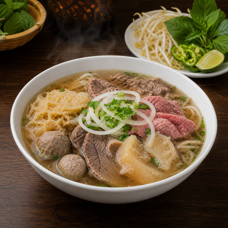 Hot bowl of Vietnamese pho with fresh herbs